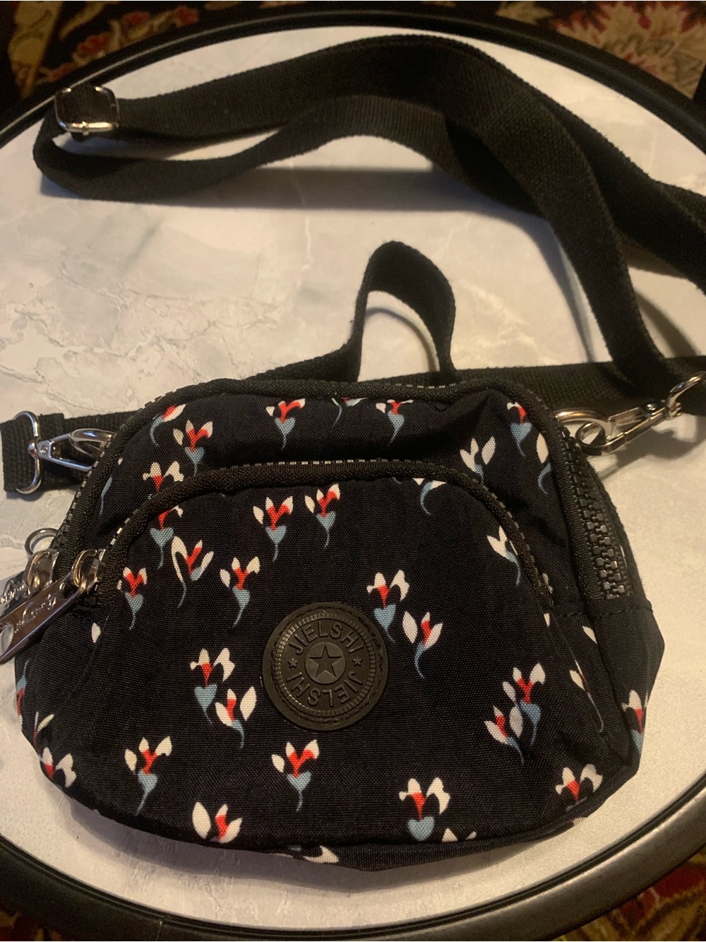 Jielshi Black Crossbody Bag with Red, White & Blue Floral Print